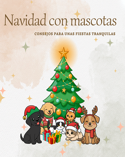Illustration of a Christmas tree with decorations and presents, surrounded by cute dogs and cats in festive hats. Text above reads Navidad con mascotas. Consejos para unas fiestas tranquilas en el Blog Veterinaria Oviedo.